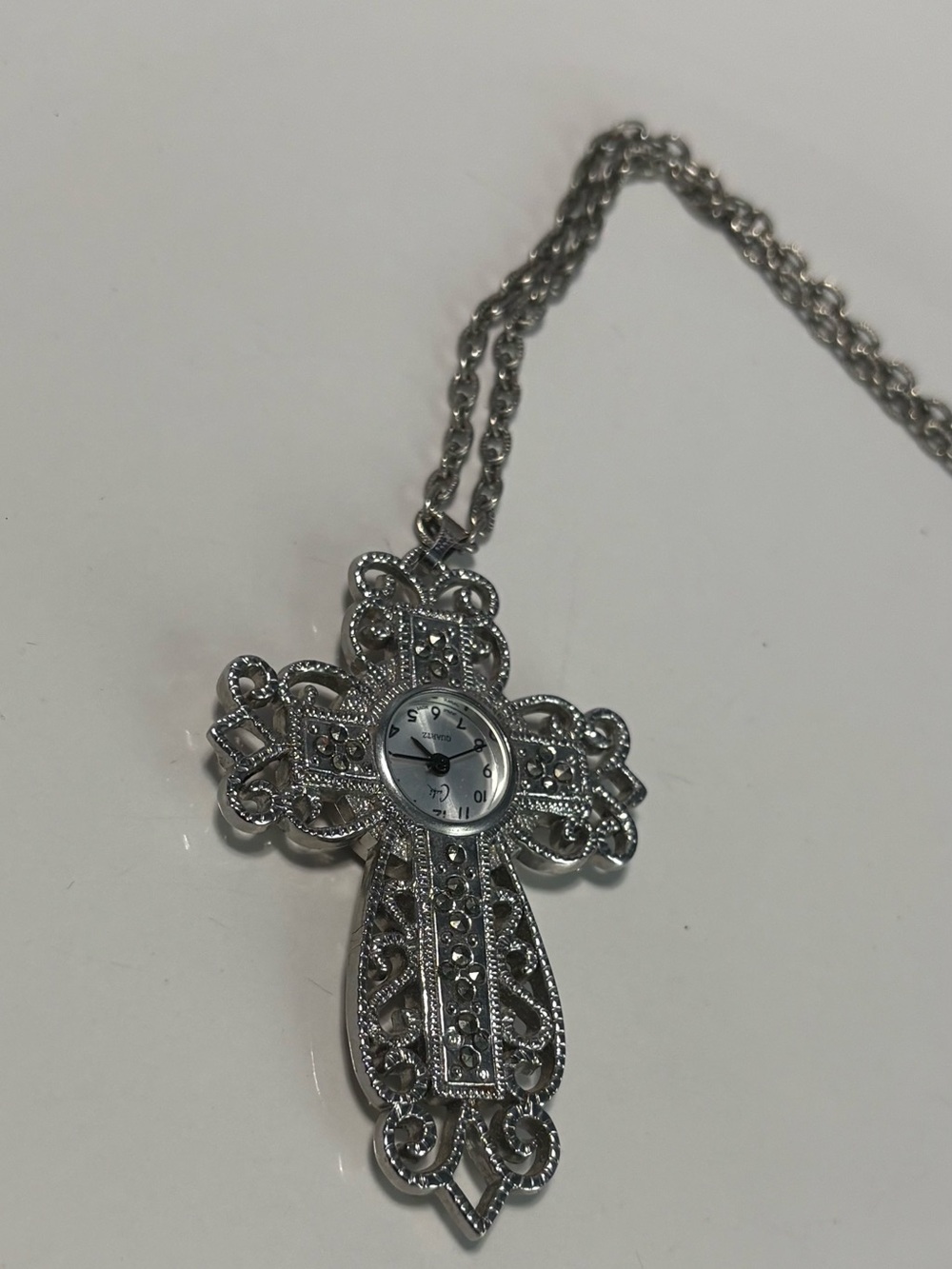 Silver Filigree Cross Pendant Watch Necklace - Women Jewelry